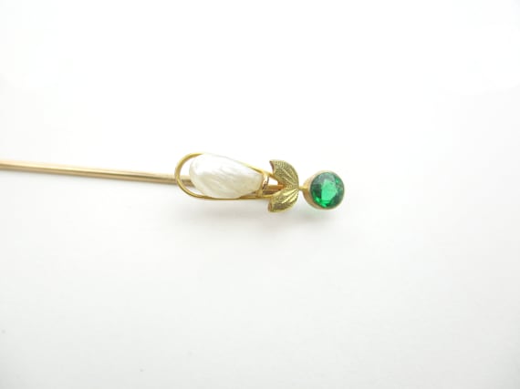 Antique 10K Gold Stick Pin, Edwardian Emerald Pas… - image 9