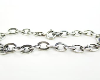 Cable Chain 800 Silver Bracelet, Oval Gunmetal Gray Links, Vintage European Germany Unisex Layering Jewelry 7.5 Inch