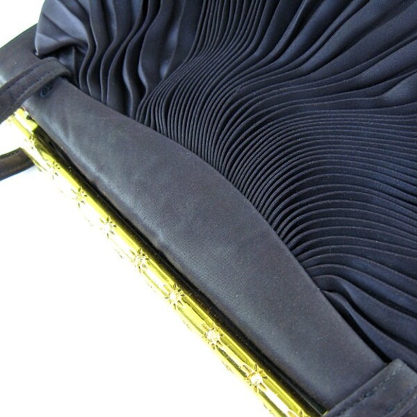 Koret Handbag for  Bergdorf Goodman Vintage 1950s Designer Purse Evening Bag Navy Pleated Satin Rhinestones