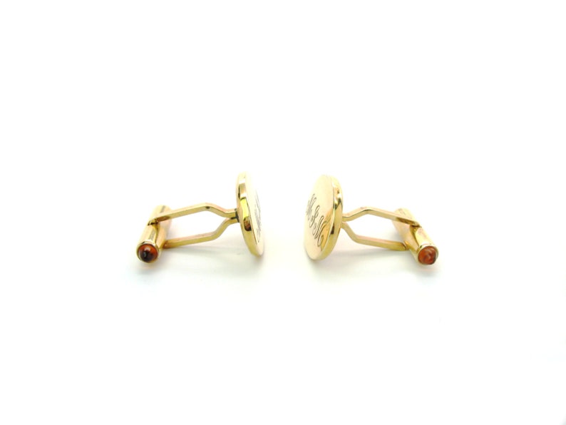 Vintage Wedding Business Krementz MJM Quality Plated Ovals w Topaz Lucite Bullet Fasteners Gold Monogram Cufflinks