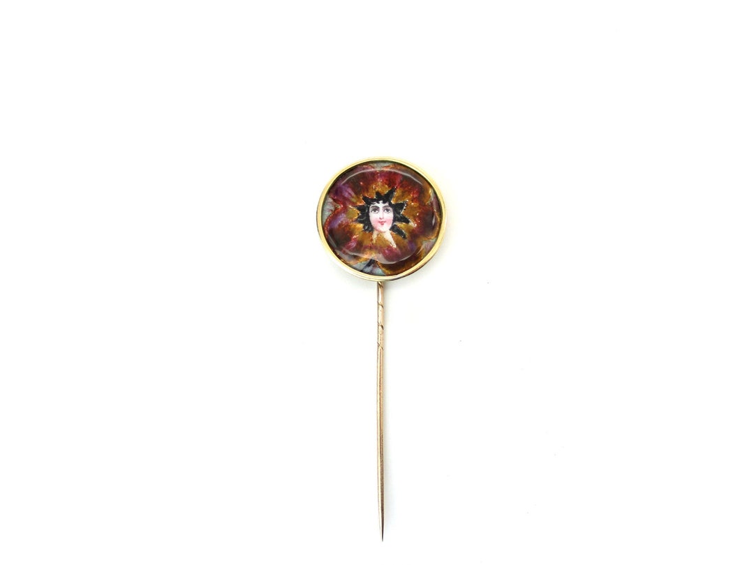 Art Nouveau Plique a Jour Enamel Woman Brooch of 14k Gold