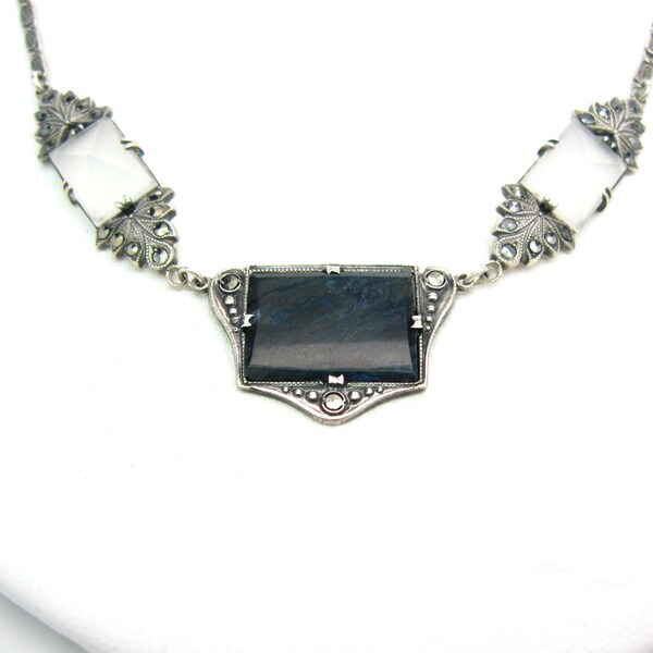 Art Deco Necklace. Rock Crystal & Sodalite Gemstones. Sterling Silver, Marcasites, Paperclip Chain. Germany, Vintage 1920s Jewelry