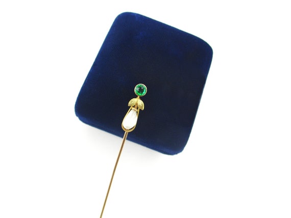 Antique 10K Gold Stick Pin, Edwardian Emerald Pas… - image 3