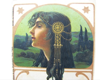 Art Nouveau Postcard, Woman w/ Gold Head Piece Titled Regina Rare German Jugendstil 1900s Antique Embossed Lithograph