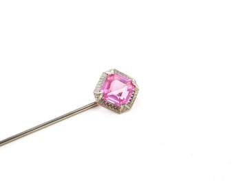 Antique Stick Pin, Edwardian 10K White Gold Square Octagon Cut Pink Glass Zig Zag & Decorative Prongs 1910s Fine Jewelry