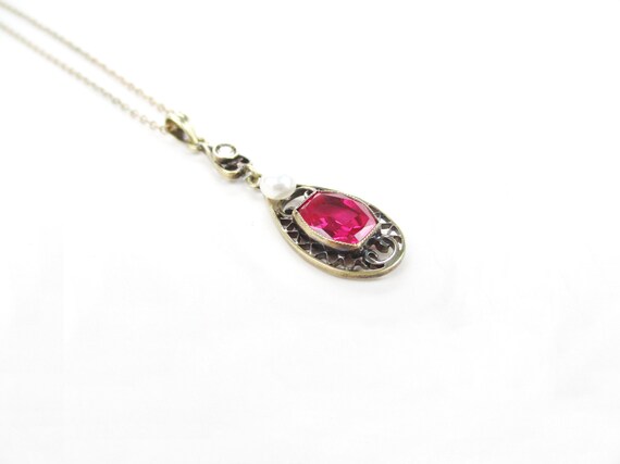 Antique Lavalier, 14K Gold Synthetic Ruby Diamond… - image 6