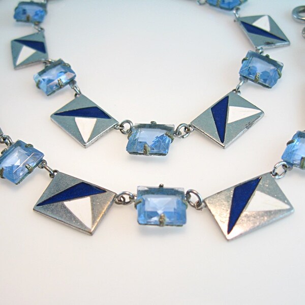 Art Deco Necklace Vintage 1920s Jewelry Open Back Blue Crystal Geometric Navy & White Enamel Nautical