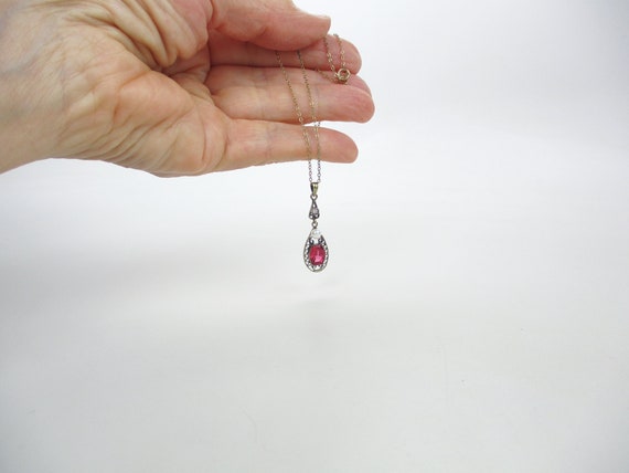 Antique Lavalier, 14K Gold Synthetic Ruby Diamond… - image 7