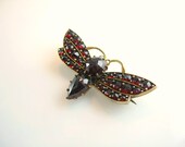 Bohemian Garnet Brooch Antique 1880s Victorian Jewelry Insect Moth Butterfly Figural Pearl Eyes