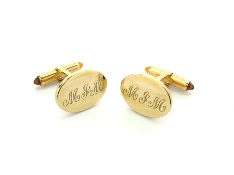 Vintage Wedding Business Krementz MJM Quality Plated Ovals w Topaz Lucite Bullet Fasteners Gold Monogram Cufflinks