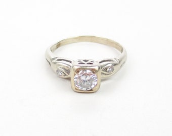 Illusion Diamond Ring, Antique Art Deco Engagement Ring 14K White Gold Cutouts Diamond Accents, 1930s Wedding Jewelry