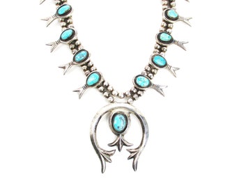 Turquoise Squash Blossom Necklace, Large Southwest Navajo Sand Cast Sterling Silver Removable Naja, Vintage Heavy 200.2g