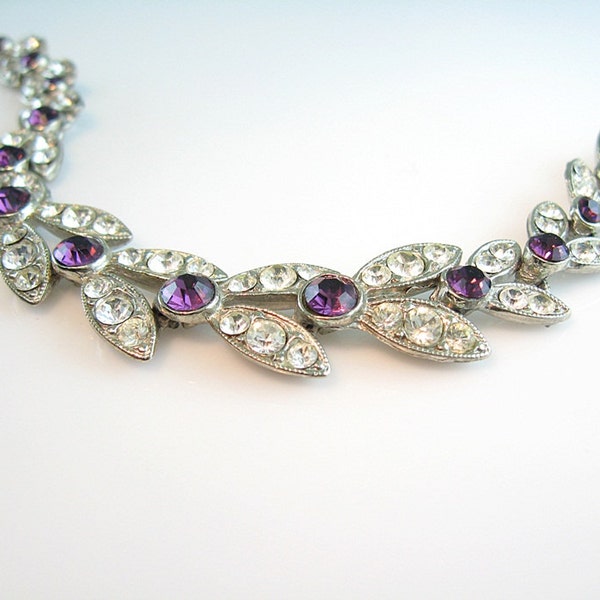 Vintage Rhinestone Bracelet Amethyst Purple Berry w/ Leaves 1950s Jewelry