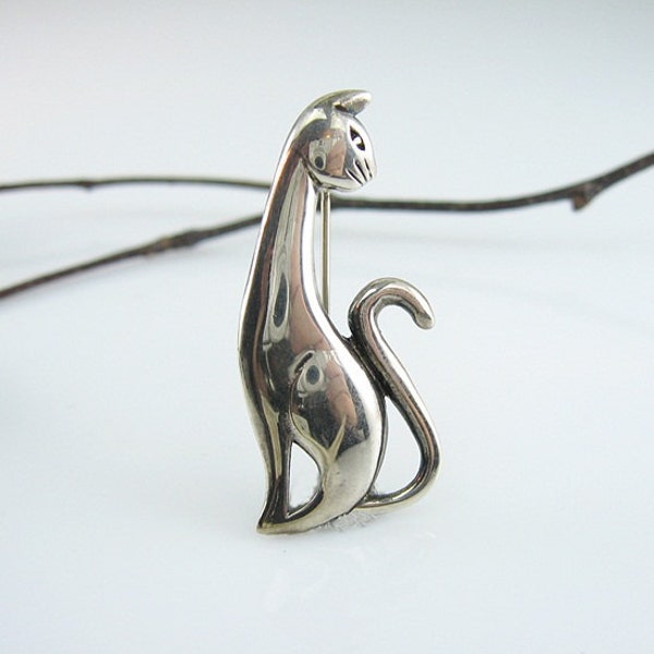 Sterling Cat Pin Figural Siamese Signed Jezlaine Vintage 1970s Silver Jewelry