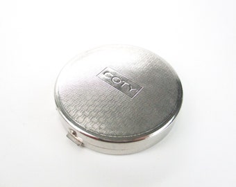 Coty Mirror Compact, Small Silver Tone Powder Case w/ Puff & Press Clasp, Vintage Art Deco Vanity Makeup Collectible