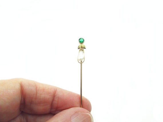 Antique 10K Gold Stick Pin, Edwardian Emerald Pas… - image 4