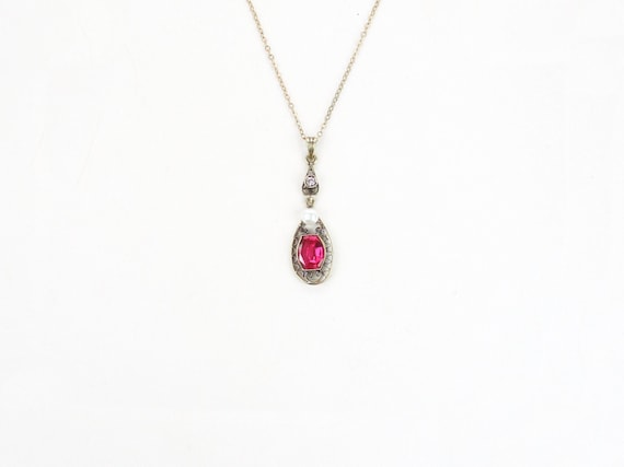 Antique Lavalier, 14K Gold Synthetic Ruby Diamond… - image 1