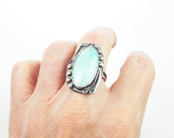 Larimar Sterling Silver Ring, Large Southwest Mineral Oval Balls & Curls, Vintage Navajo Style Unisex Statement Jewelry