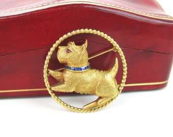 18K Gold Dog Brooch, Scottie Terrier Sapphire & Ruby Gemstone Accents Vintage Dog Lover Art Deco Fine Gold Jewelry 21.2g