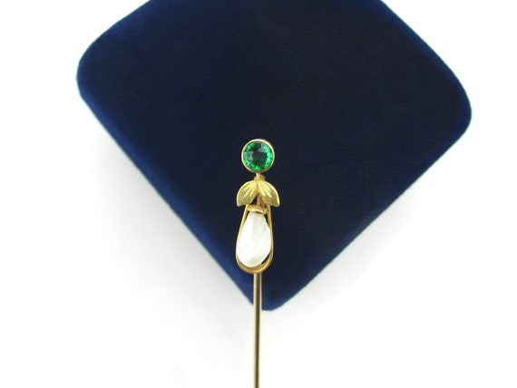 Antique 10K Gold Stick Pin, Edwardian Emerald Pas… - image 1