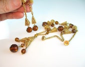 Egyptian Czech Glass Art Deco Necklace Set Topaz Gold Filigree Screw Back Earrings Vintage 1920s Deco Jewelry