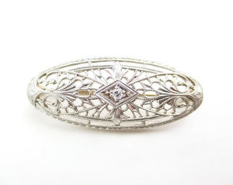 Antique Diamond Brooch, Edwardian Filigree 14K White Gold Lacy Milgrain Engraved Fleur De Lis, 1910s Fine Gold Jewelry