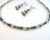 Taxco Silver Necklace Earring Sterling Vintage Mexico Set Black Enamel Modern Abstract Victor Jaimez Mid Century 1950s