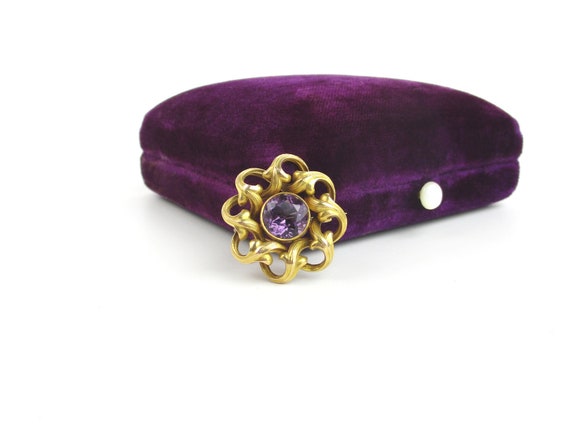 Antique Watch Pin, 14K Gold 2-ct Amethyst Brooch … - image 1