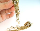 Miriam Haskell Earrings Baroque Pearl 1960s Vintage Long Dangles Russian Gold Screw Clips