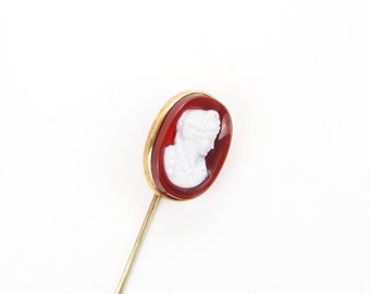 Victorian 10K Gold Stick Pin, Antique Cameo Carved Sardonyx Hardstone Woman in Profile, Late 1800s Fine Gold Jewelry