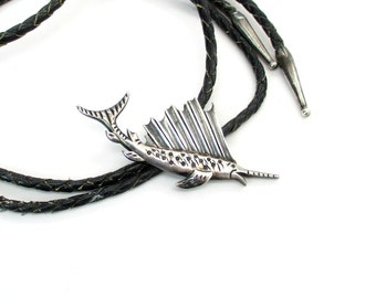 Sterling Silver Bolo, Mexico Big Fish Sailfish Gamefish Slide Braided Leather Tie, Vintage Victoria Taxco 1950s Jewelry