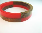 Bakelite Bracelet Bangle Laminated Walnut Wood Chunky Vintage 1940s Early Plastic Retro Jewelry Red & Brown