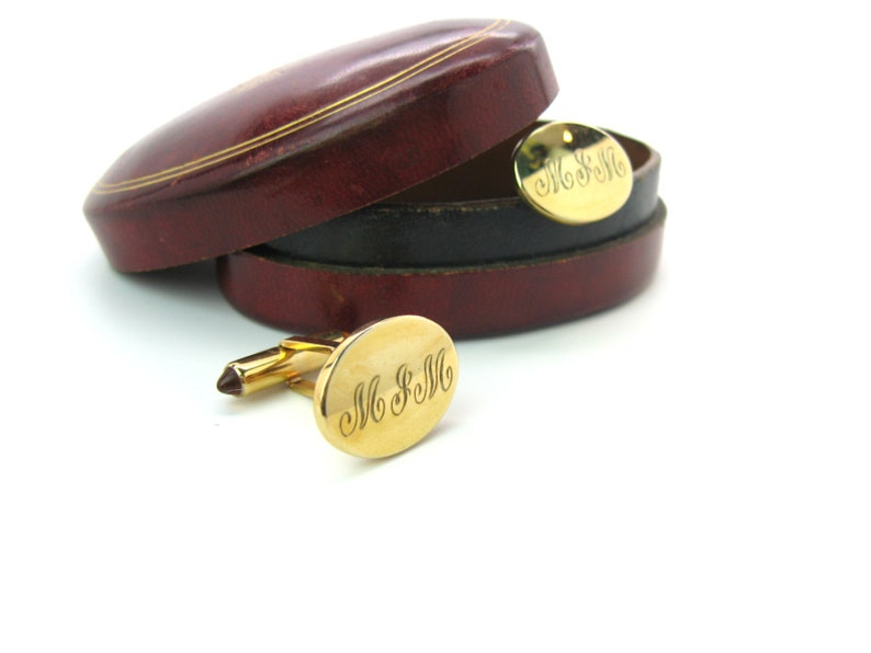 Vintage Wedding Business Krementz MJM Quality Plated Ovals w Topaz Lucite Bullet Fasteners Gold Monogram Cufflinks