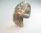 Hopi Sterling Silver Bracelet Turquoise Overlay Pueblo Pottery Landscape Scene Signed Native American Jewelry