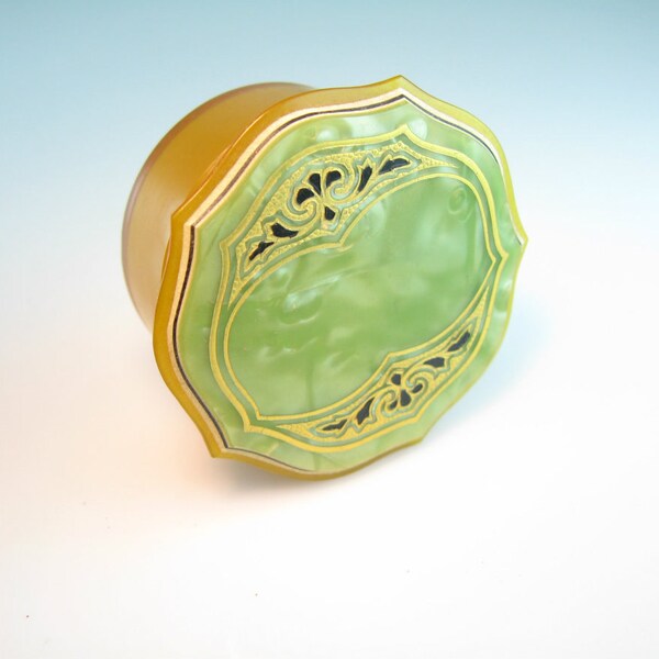 Art Deco Powder Box Vintage 1930s Celluloid Plastic Trinket Box Signed Pyramid Amber Pearlized Green Vanity
