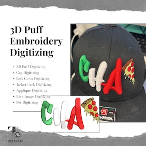May include: Black baseball cap with the embroidered word "CHA" in green, white, and red, and a pizza slice. The image also shows a graphic of the word "CHA" and a pizza slice. The text on the image says "3D Puff Embroidery Digitizing".