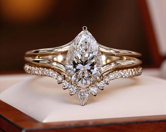 Pear Moissanite Engagement Ring Set, 925 Sterling Silver Wedding Band