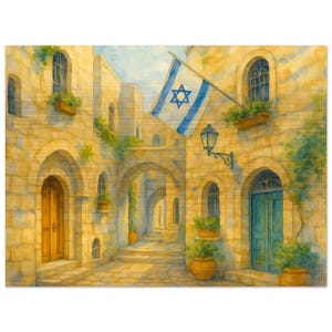 Puede incluir: Pintura a la acuarela de un callejón soleado con edificios de piedra, puertas arqueadas y plantas en macetas. Una bandera israelí azul y blanca cuelga de un edificio. La escena evoca historia y tranquilidad.