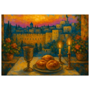 May include: An impressionistic painting depicts a table set with a decorative chalice, bread rolls, and lit candles. The background shows a cityscape with a sunset sky and floral arrangements.