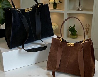 Große Wildleder Schulter Tragetasche, Vintage Leder Handtasche für Frauen