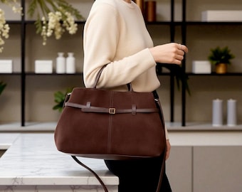 Suede Leather Top Handle Bag: Women's Luxury Handbag for Work and Everyday Use