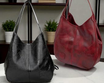 Women's Vintage Shoulder Bag, French Style Vegan Leather Tote, Large Capacity Handbag