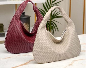 Burgundy Woven Hobo Bag: Large Vegan Leather Shoulder Purse