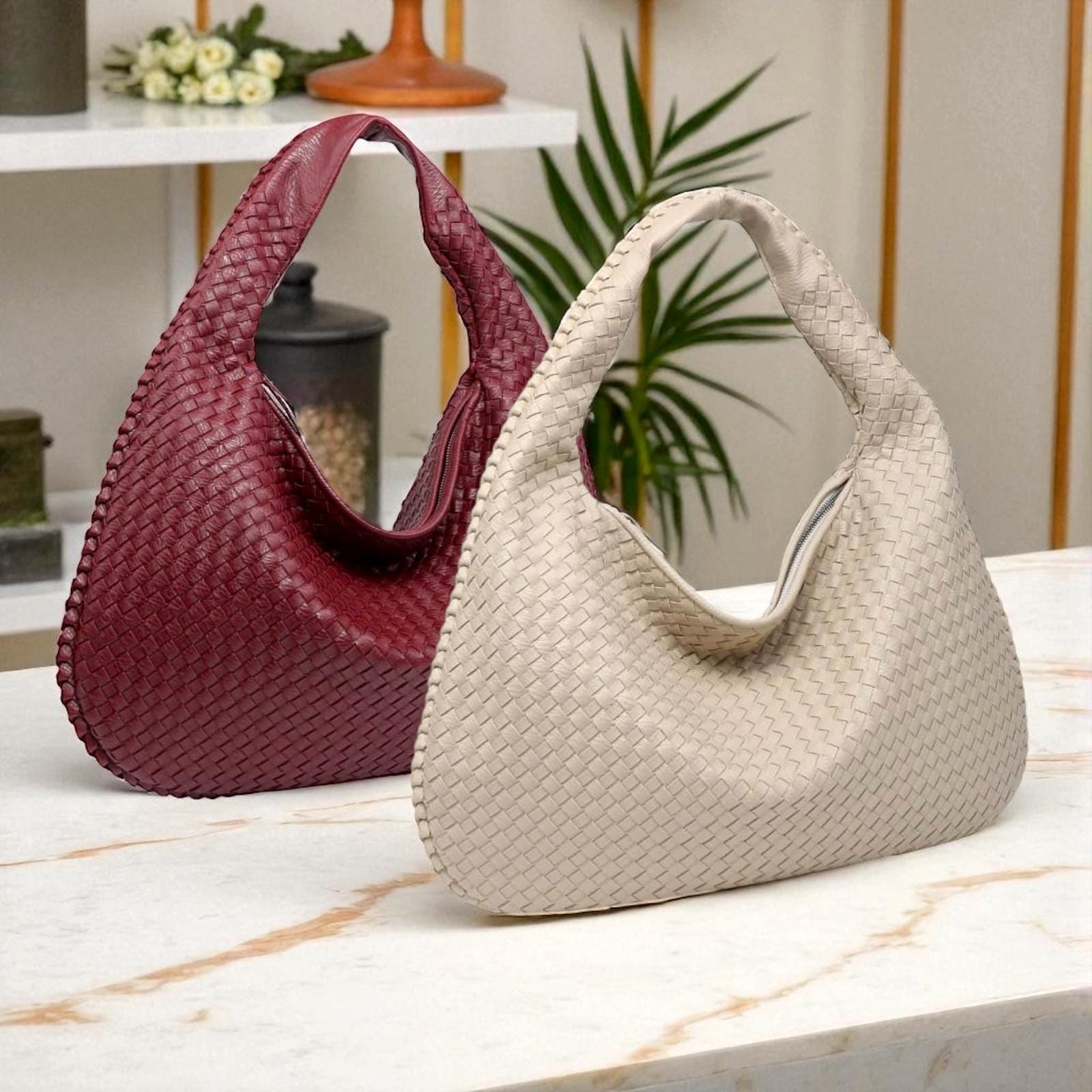 Burgundy Woven Hobo Bag: Large Vegan Leather Shoulder Purse - Etsy