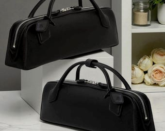 Leather Baguette Bag: Small Shoulder Purse, Vintage Underarm Tote, Elegant Top Handle Handbag