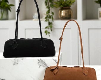 Suede Leather Baguette Bag: Small Shoulder Purse, Vintage Underarm Tote, Elegant Top Handle Handbag
