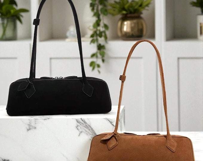 Suede Leather Baguette Bag: Small Shoulder Purse, Vintage Underarm Tote, Elegant Top Handle Handbag
