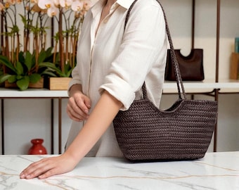 Bolso tote de cuero tejido: bolso grande tipo hobo trenzado marrón