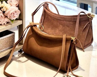 Suede Shoulder Bag – Genuine Leather Handbag, Trendy Women’s Suede Crossbody