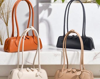 Leather Baguette Bag: Small Shoulder Purse, Underarm Vintage Tote, Elegant Top Handle Handbag
